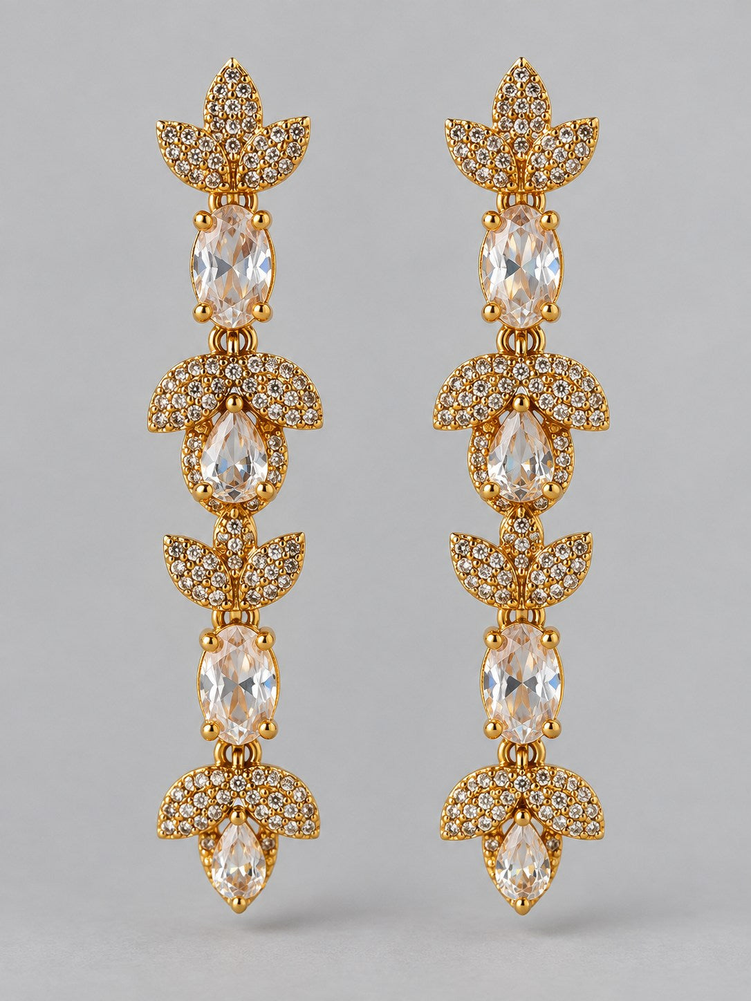 Gold Crystal Lotus Long Drop Earrings