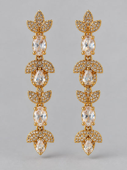 Gold Crystal Lotus Long Drop Earrings
