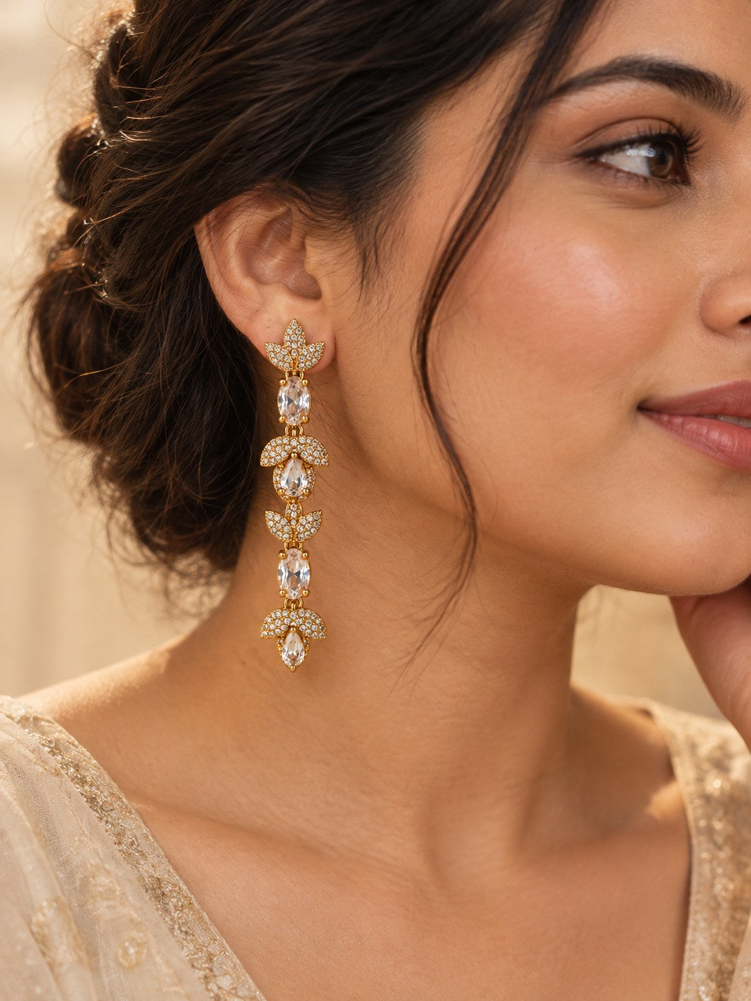 Gold Crystal Lotus Long Drop Earrings