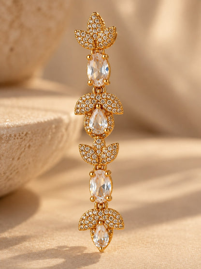 Gold Crystal Lotus Long Drop Earrings