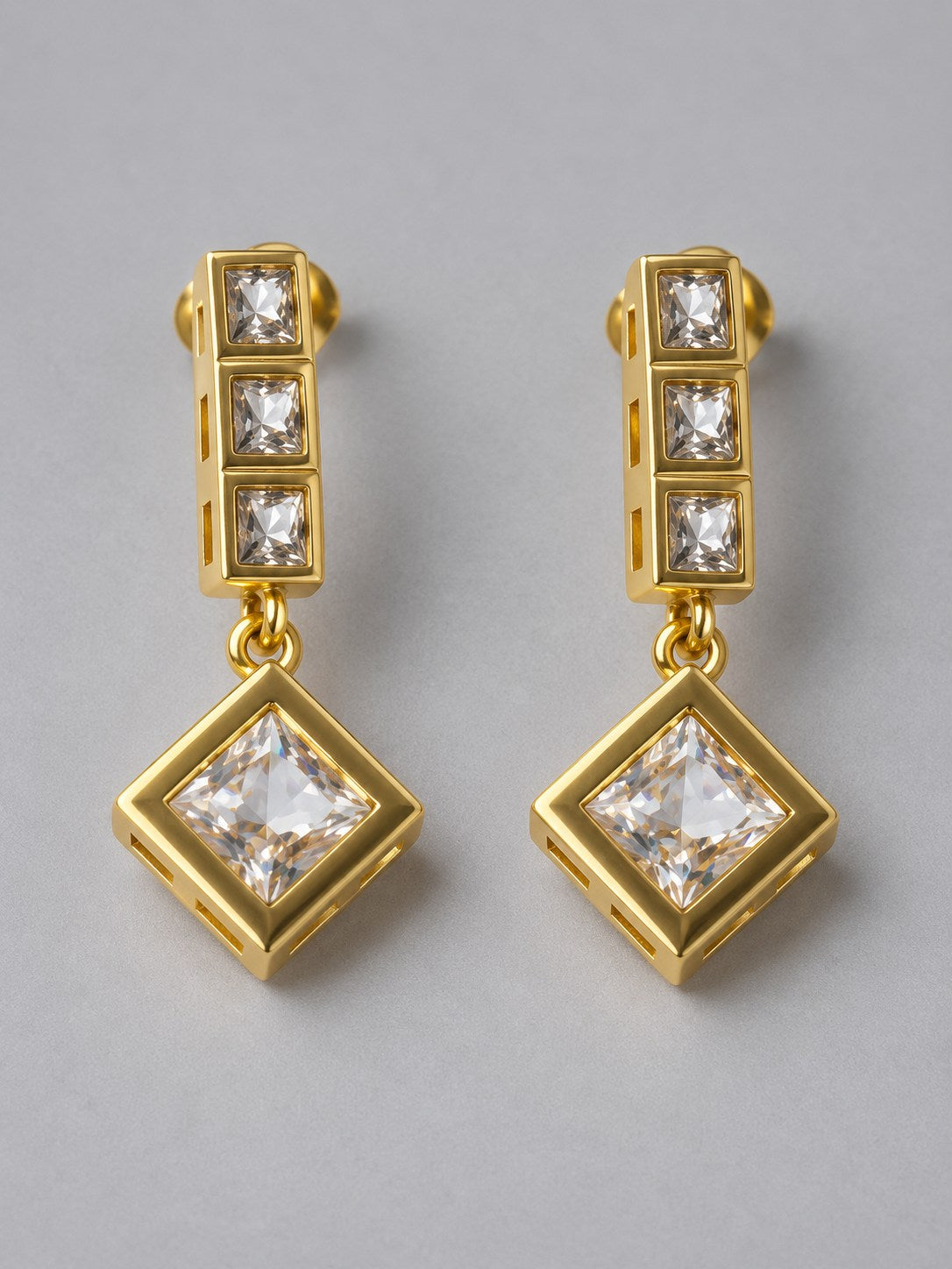 Gold Square Crystal Geometric Drop Earrings