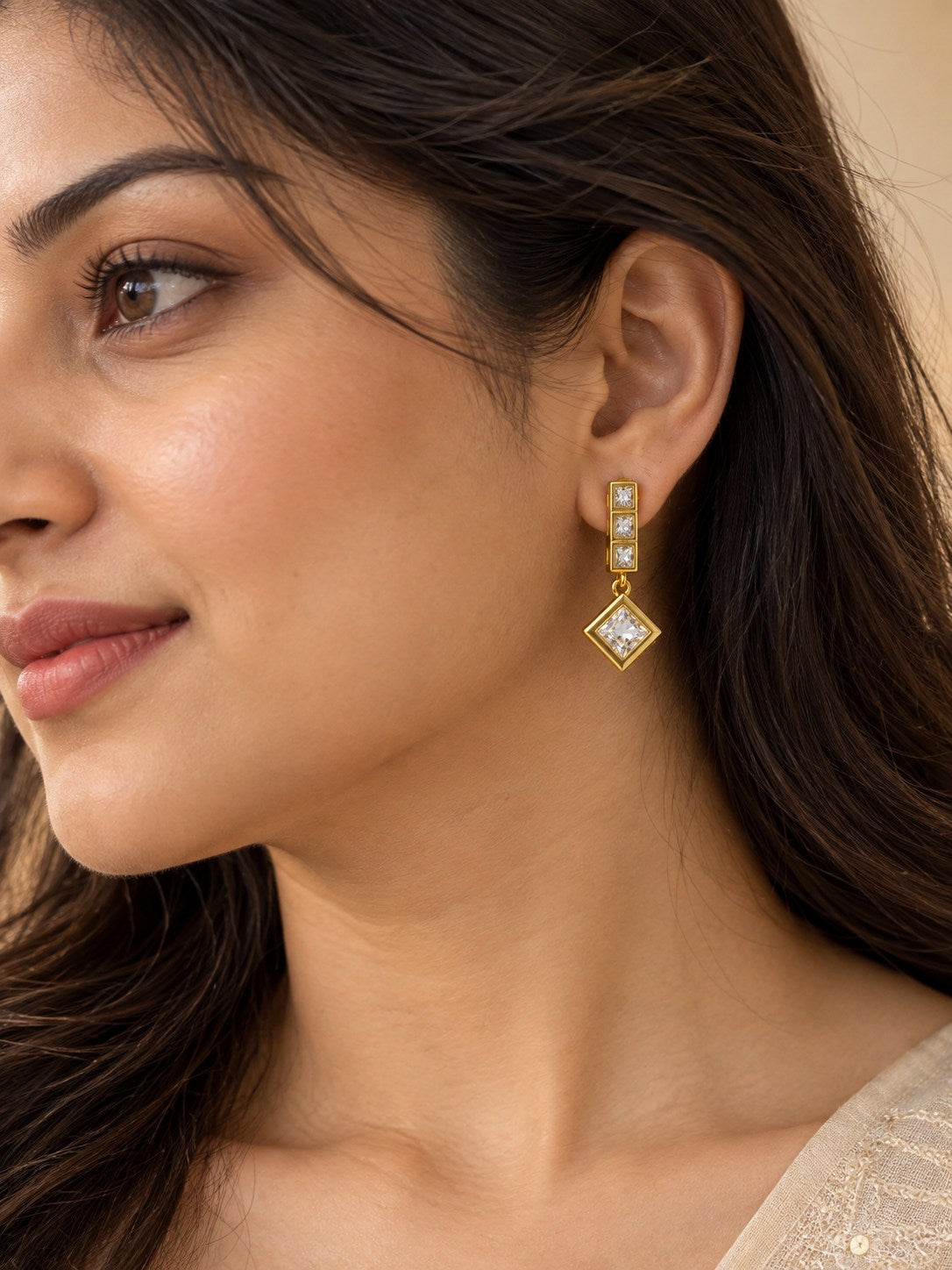 Gold Square Crystal Geometric Drop Earrings