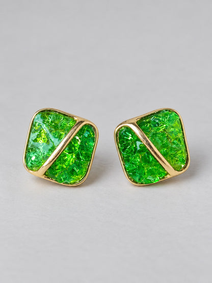 Green Crushed Crystal Cushion Stud Earrings
