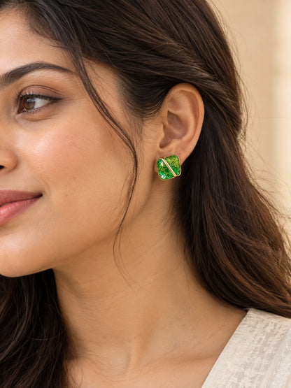 Green Crushed Crystal Cushion Stud Earrings
