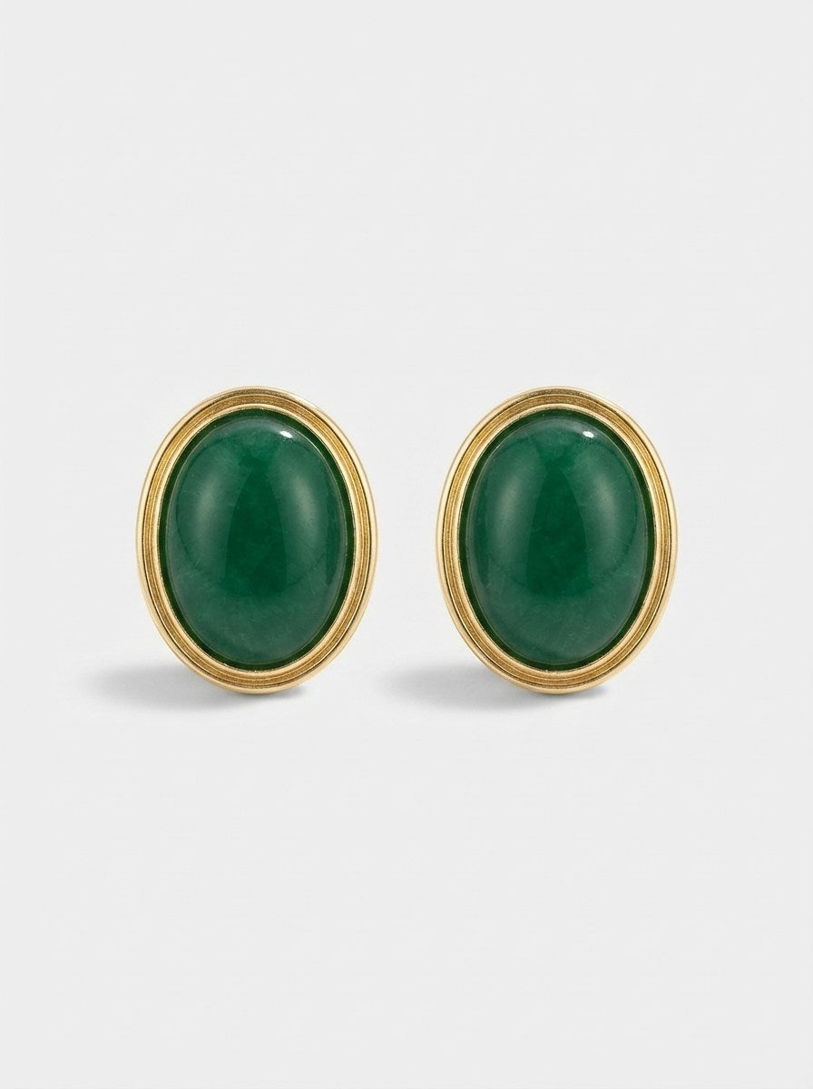 Green Oval Stone Stud Earrings in Gold Bezel