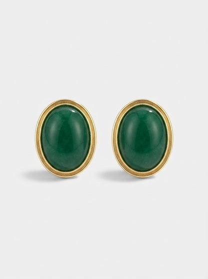 Green Oval Stone Stud Earrings in Gold Bezel