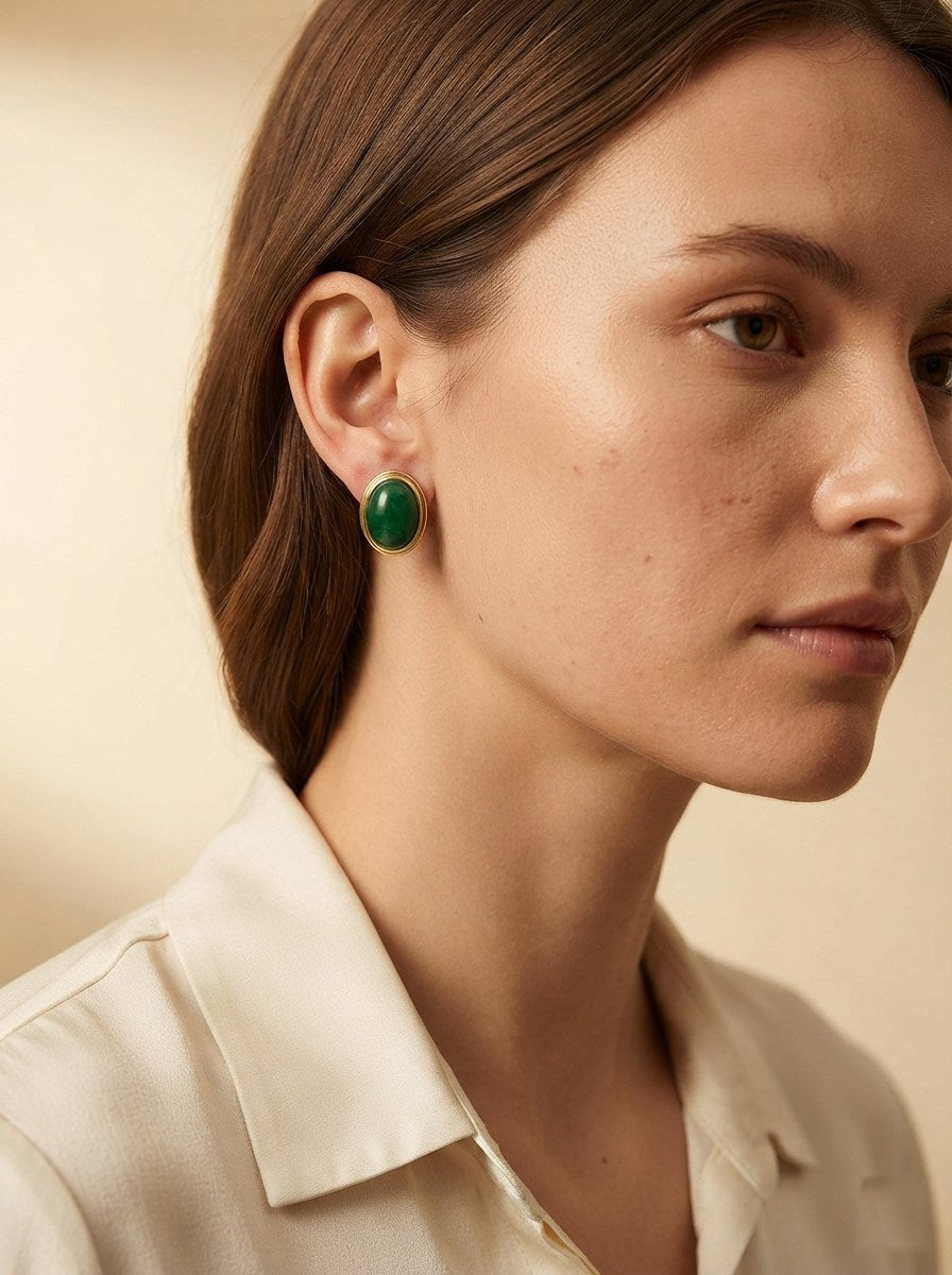 Green Oval Stone Stud Earrings in Gold Bezel