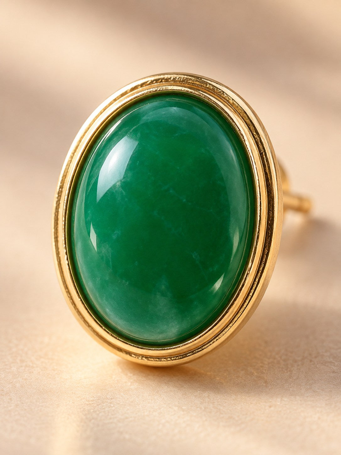 Green Oval Stone Stud Earrings in Gold Bezel