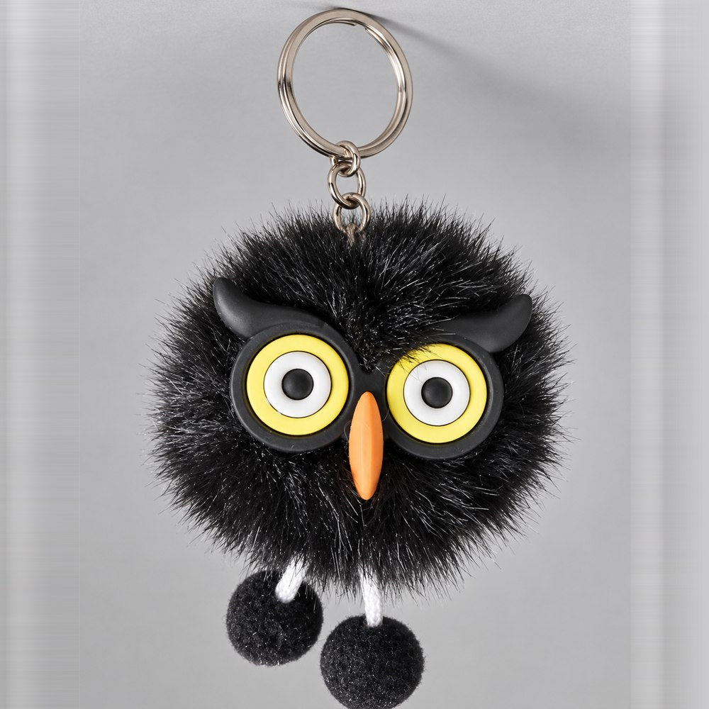 Fluffy Owl Pom-Pom Keychain - Cute Faux Fur Owl Keyring for Bags, Keys & Gifts