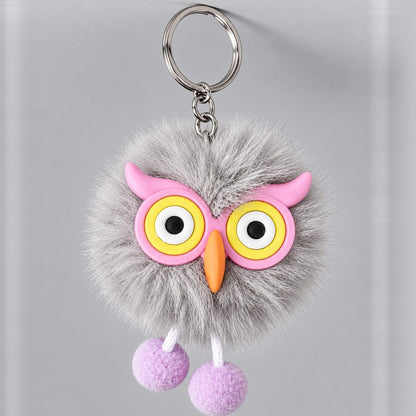 Fluffy Owl Pom-Pom Keychain - Cute Faux Fur Owl Keyring for Bags, Keys & Gifts