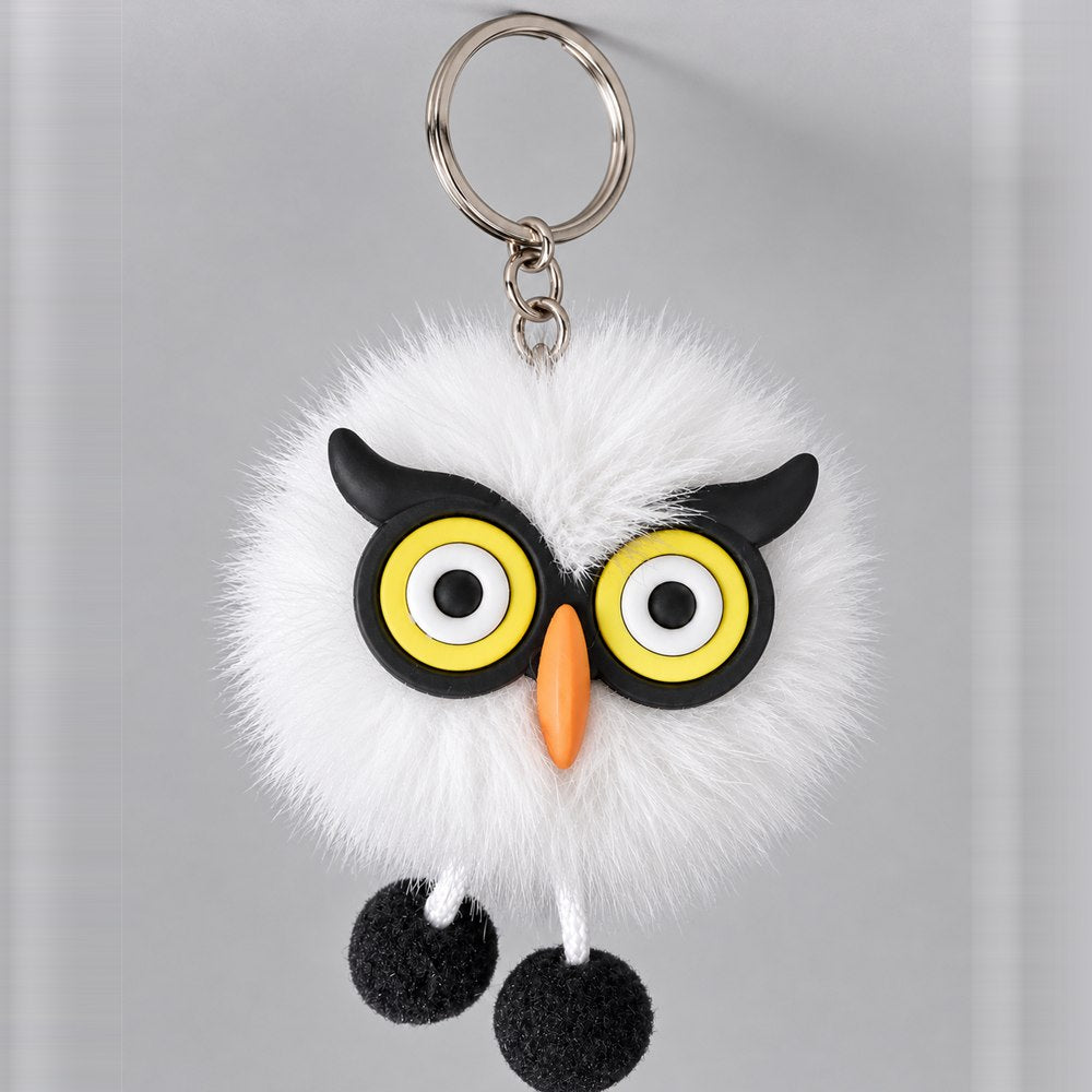 Fluffy Owl Pom-Pom Keychain - Cute Faux Fur Owl Keyring for Bags, Keys & Gifts