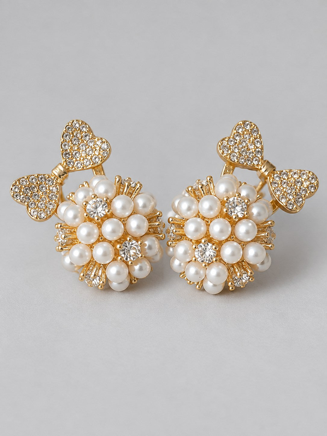Pearl Cluster Flower Stud Earrings with Crystal Hearts