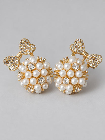 Pearl Cluster Flower Stud Earrings with Crystal Hearts