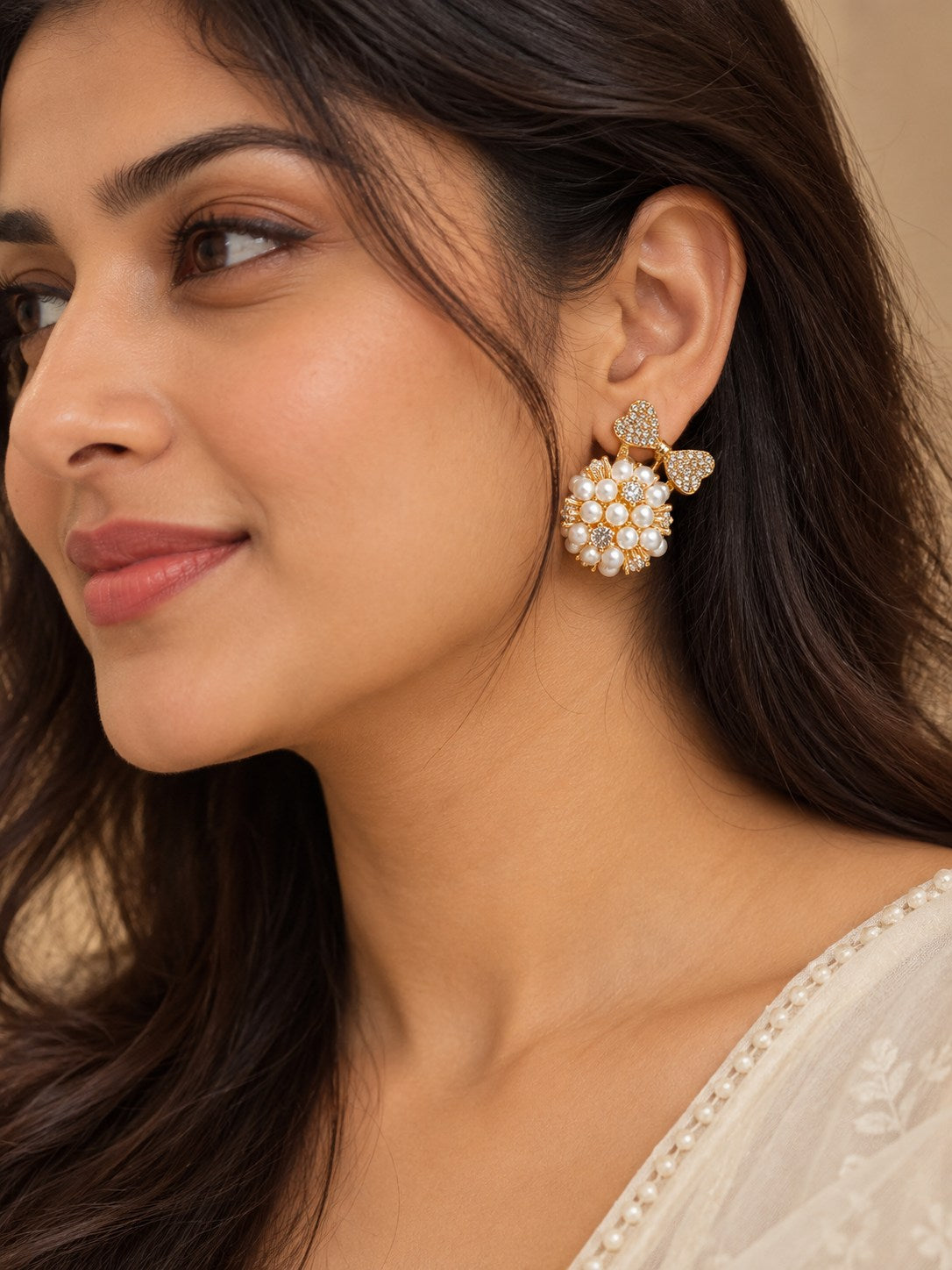 Pearl Cluster Flower Stud Earrings with Crystal Hearts