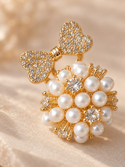 Pearl Cluster Flower Stud Earrings with Crystal Hearts