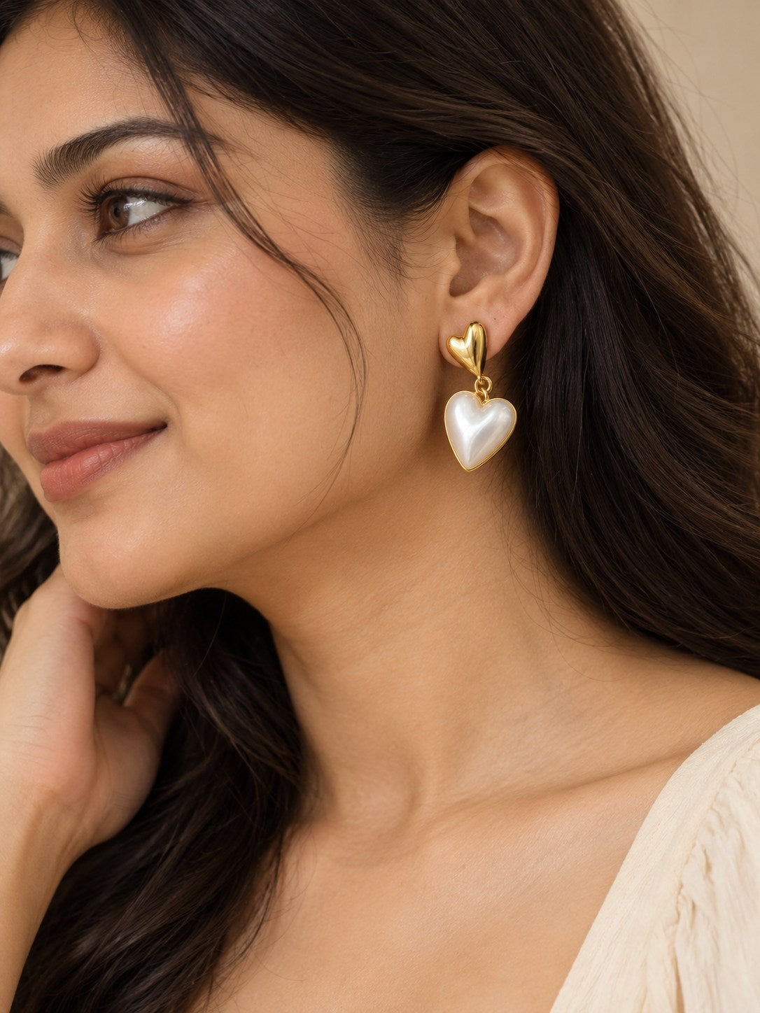 Pearl Heart & Gold Heart Drop Earrings