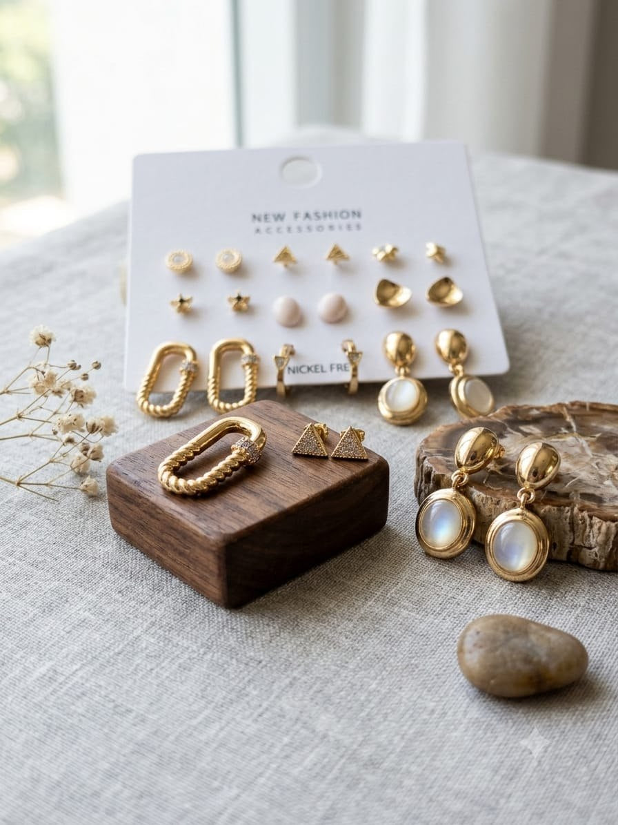 Gold Earring Set - Mini Studs, Oval Link Hoops & Moonstone Drop Earrings