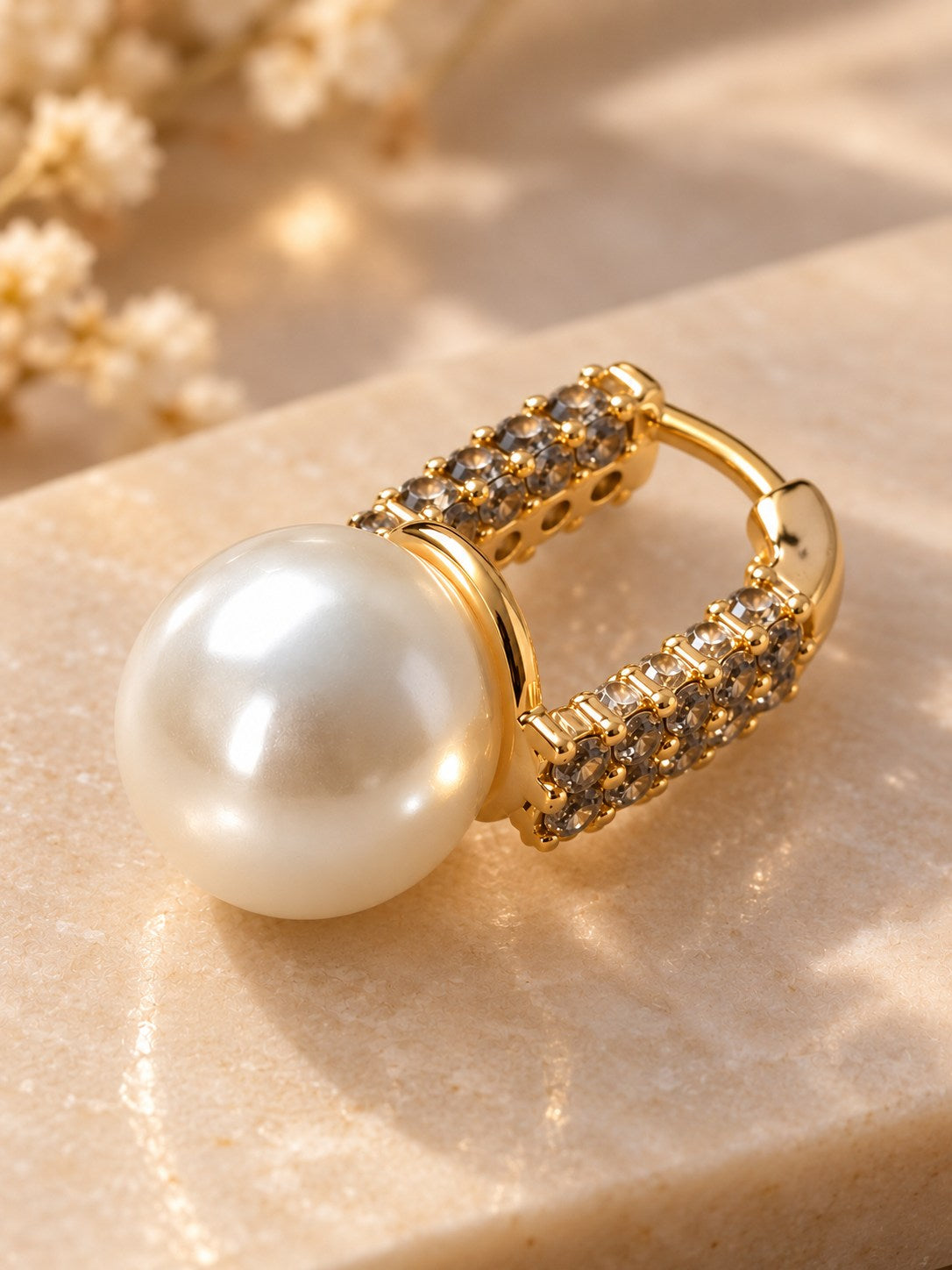 Pearl Drop Pave Crystal Huggie Earrings