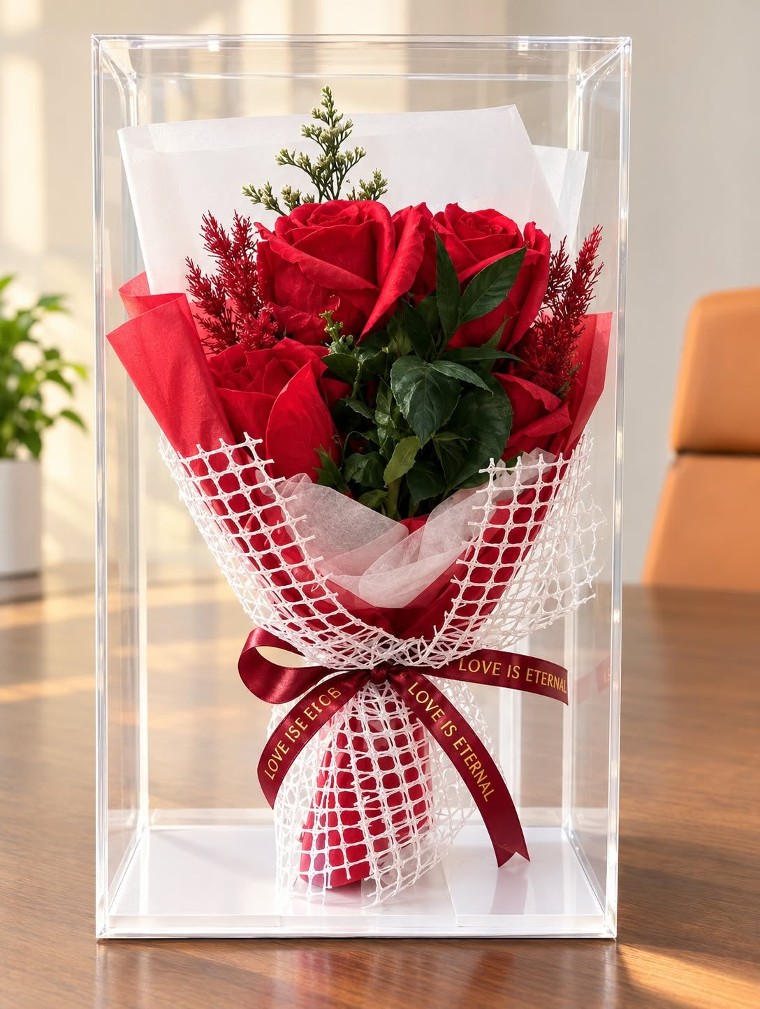 Red 5 Roses Bouquet in Clear Gift Box - Love Is Eternal
