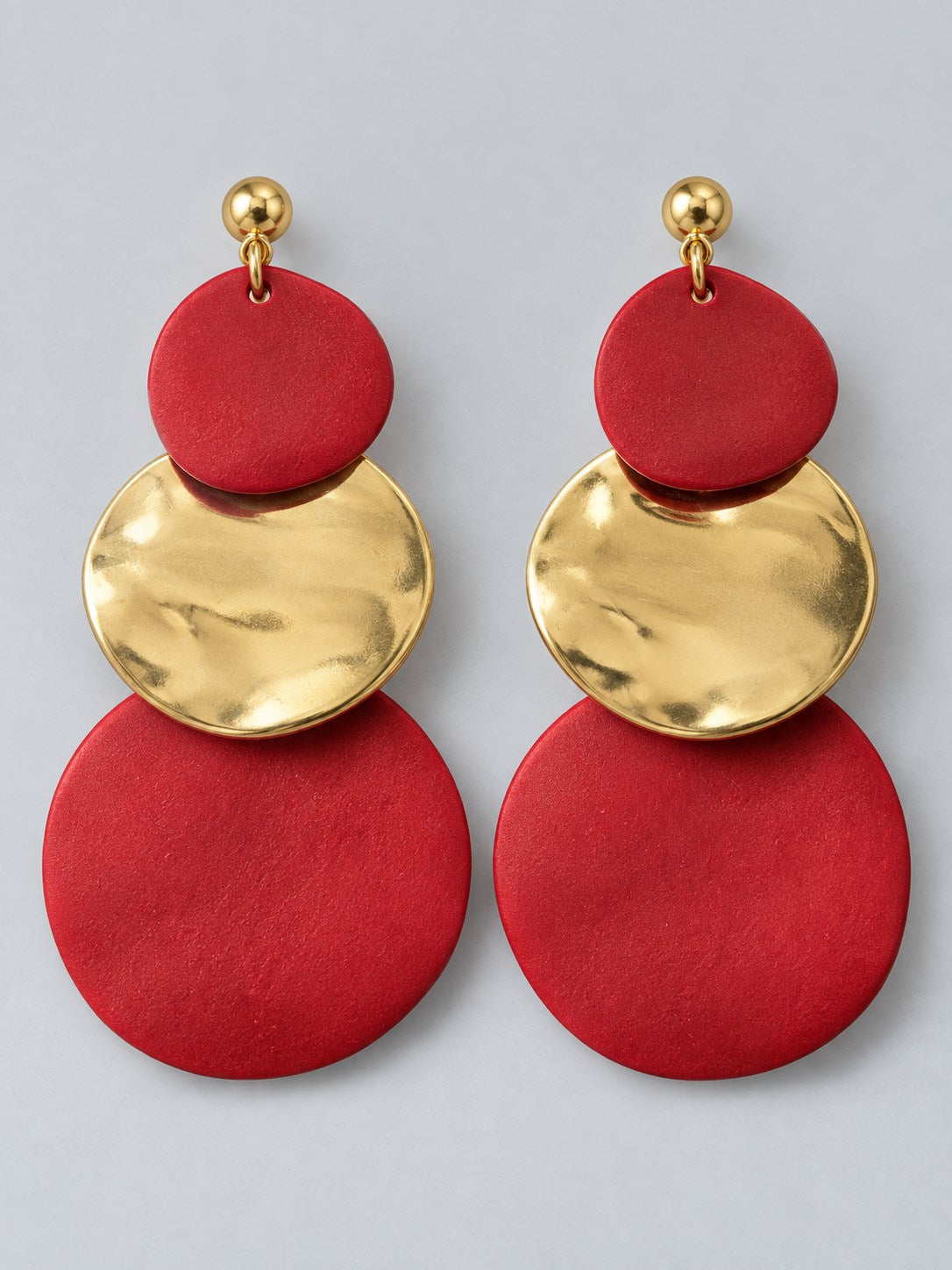 Red & Gold Three-Tier Disc Drop Earrings