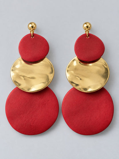 Red & Gold Three-Tier Disc Drop Earrings
