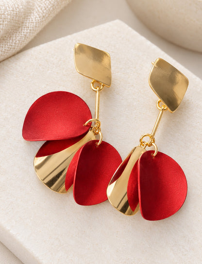 Red Petal & Gold Leaf Drop Earrings
