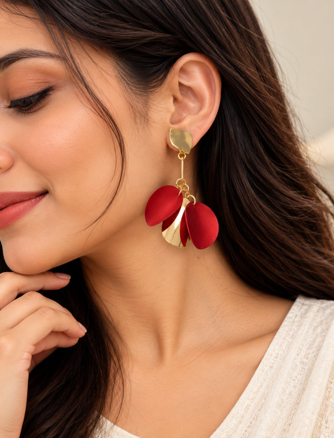 Red Petal & Gold Leaf Drop Earrings