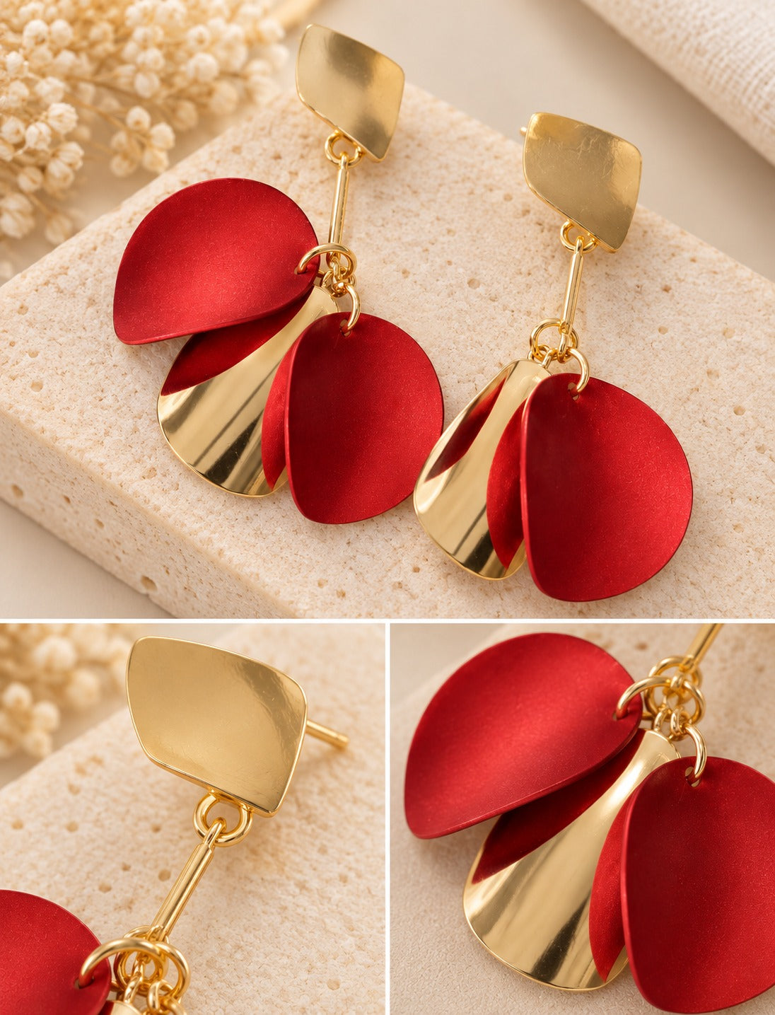 Red Petal & Gold Leaf Drop Earrings