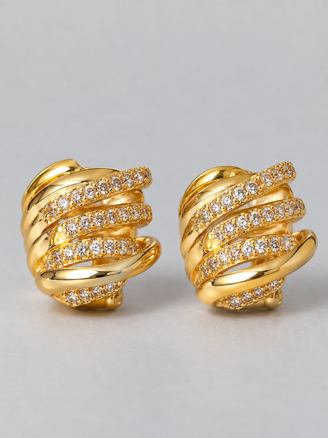 Gold Layered Wave Crystal Cuff Earrings