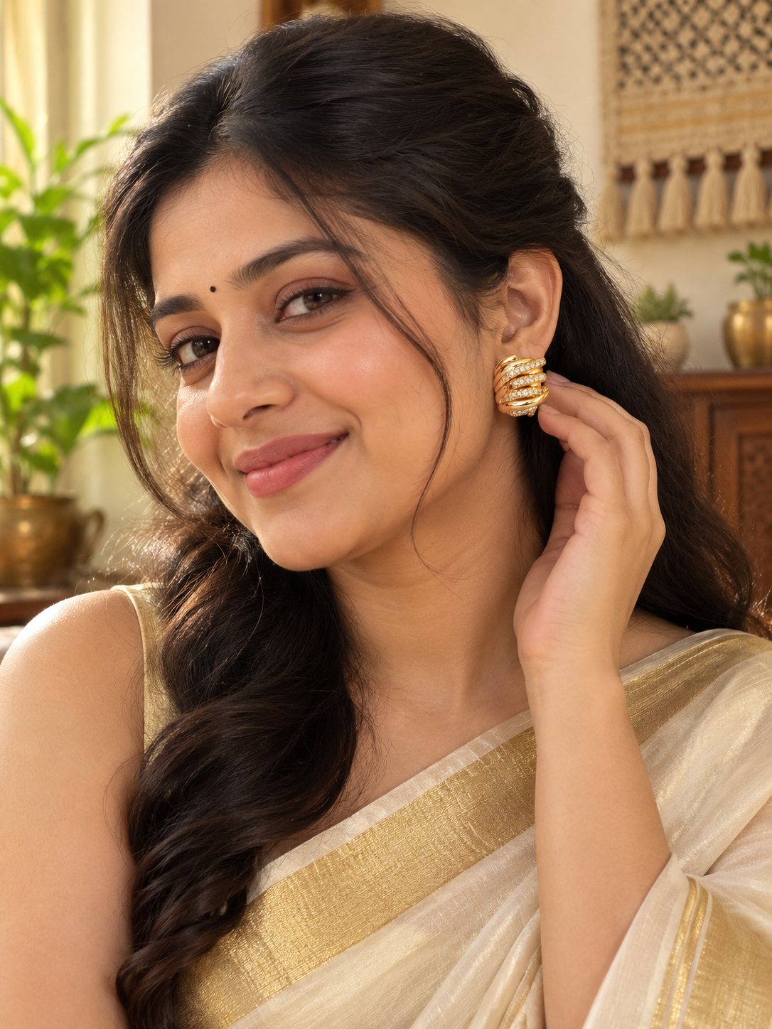 Gold Layered Wave Crystal Cuff Earrings