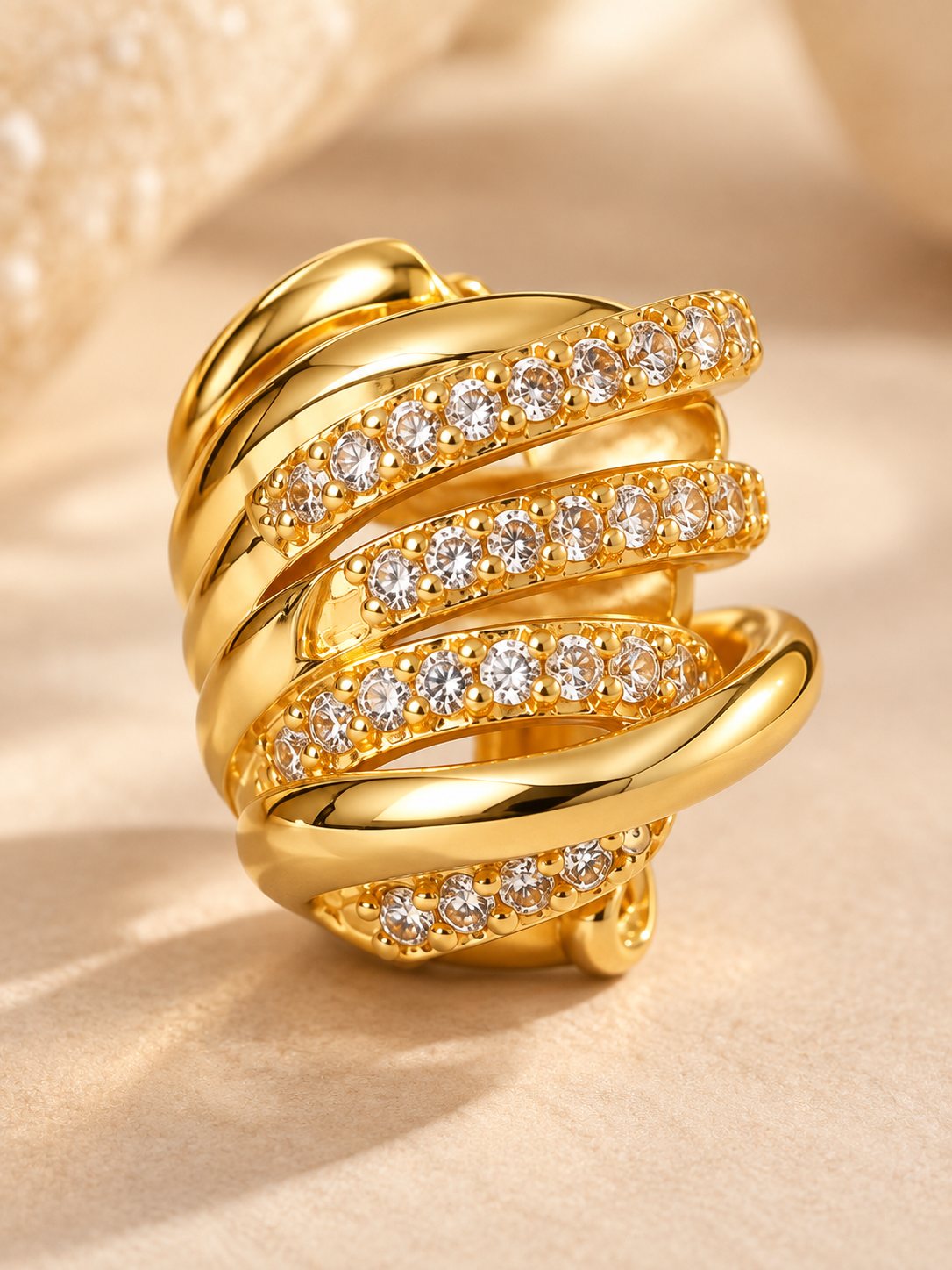 Gold Layered Wave Crystal Cuff Earrings