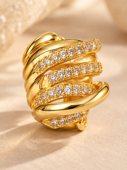 Gold Layered Wave Crystal Cuff Earrings