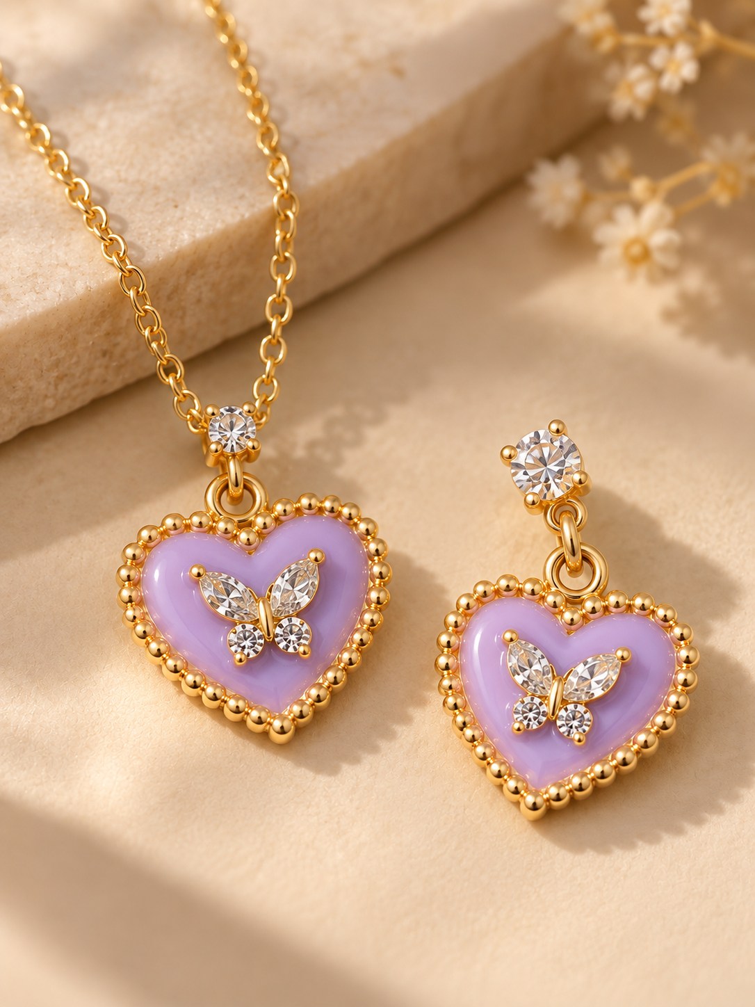 Enamel Heart Butterfly Necklace & Earring Set