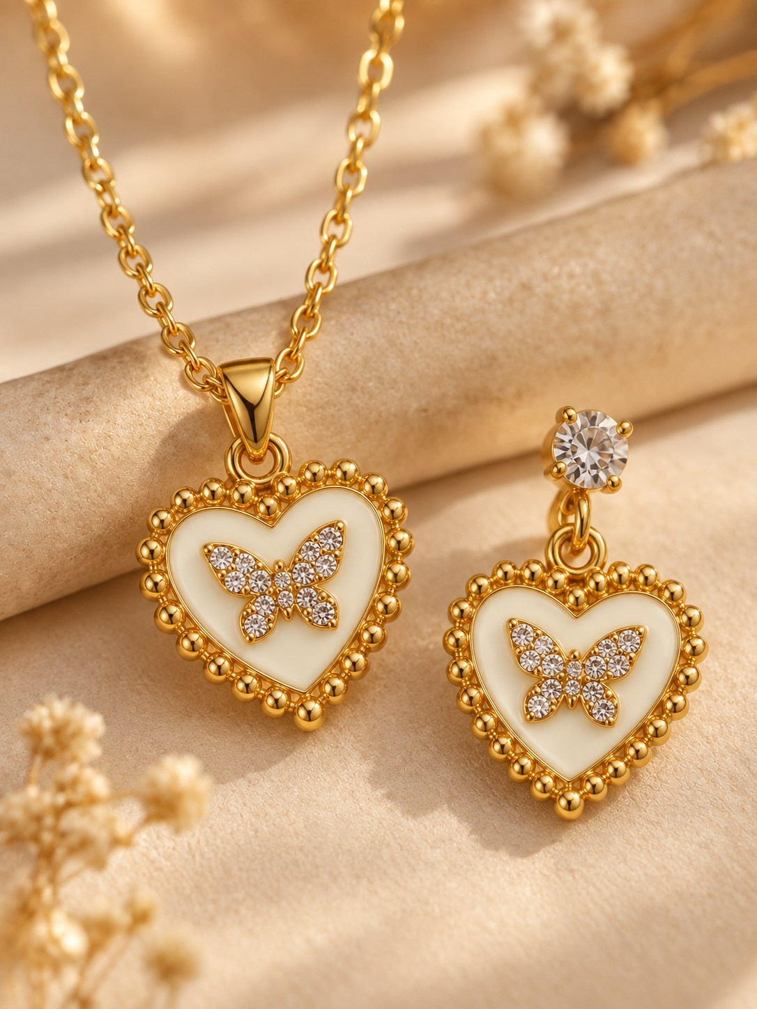 Enamel Heart Butterfly Necklace & Earring Set
