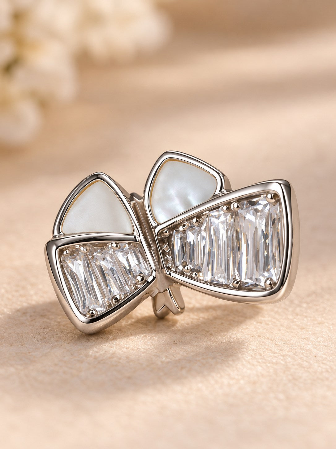 Crystal Baguette & Shell Bow Stud Earrings