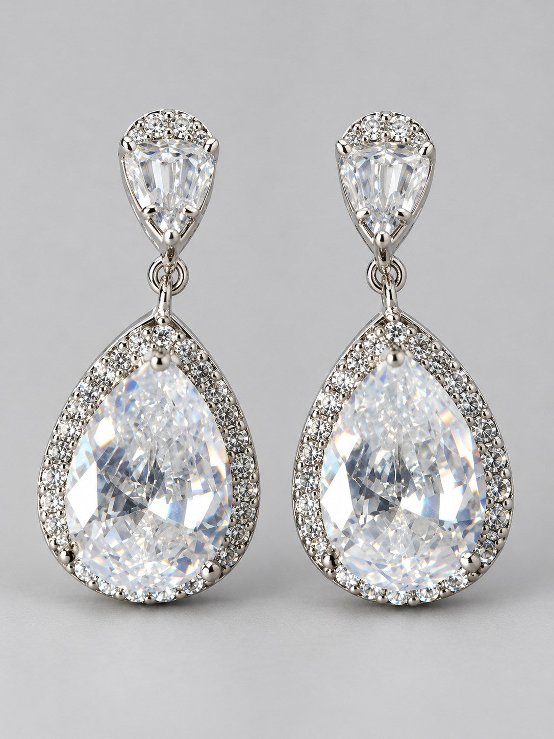 Silver Crystal Teardrop Halo Drop Earrings