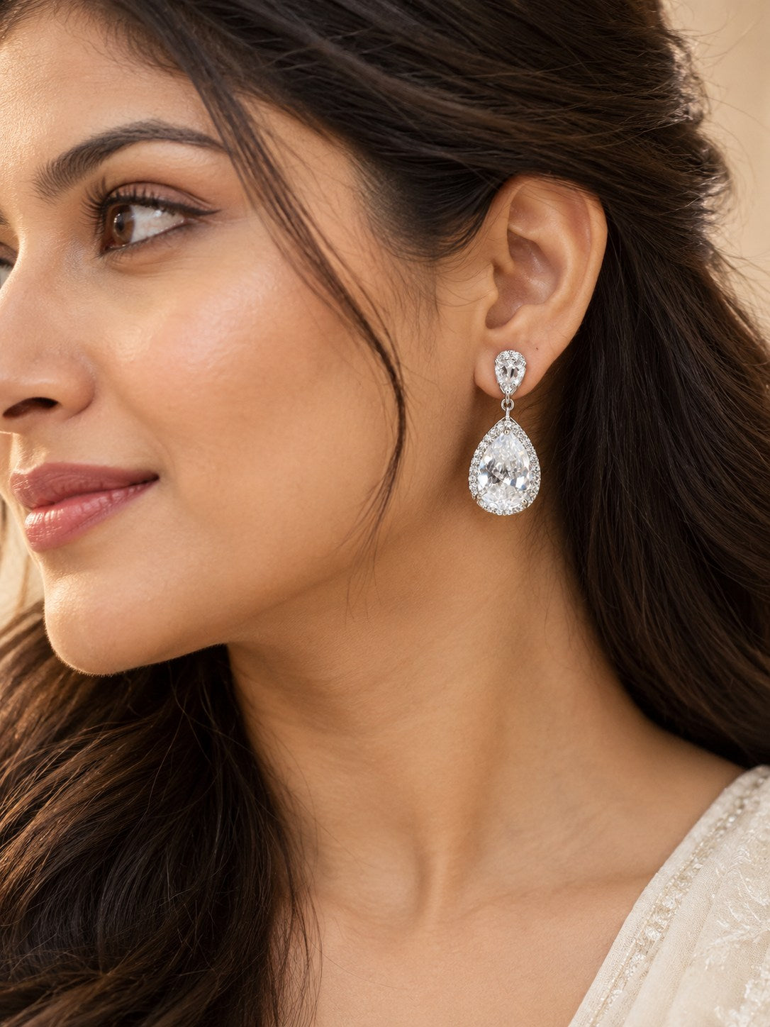 Silver Crystal Teardrop Halo Drop Earrings
