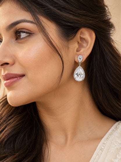Silver Crystal Teardrop Halo Drop Earrings