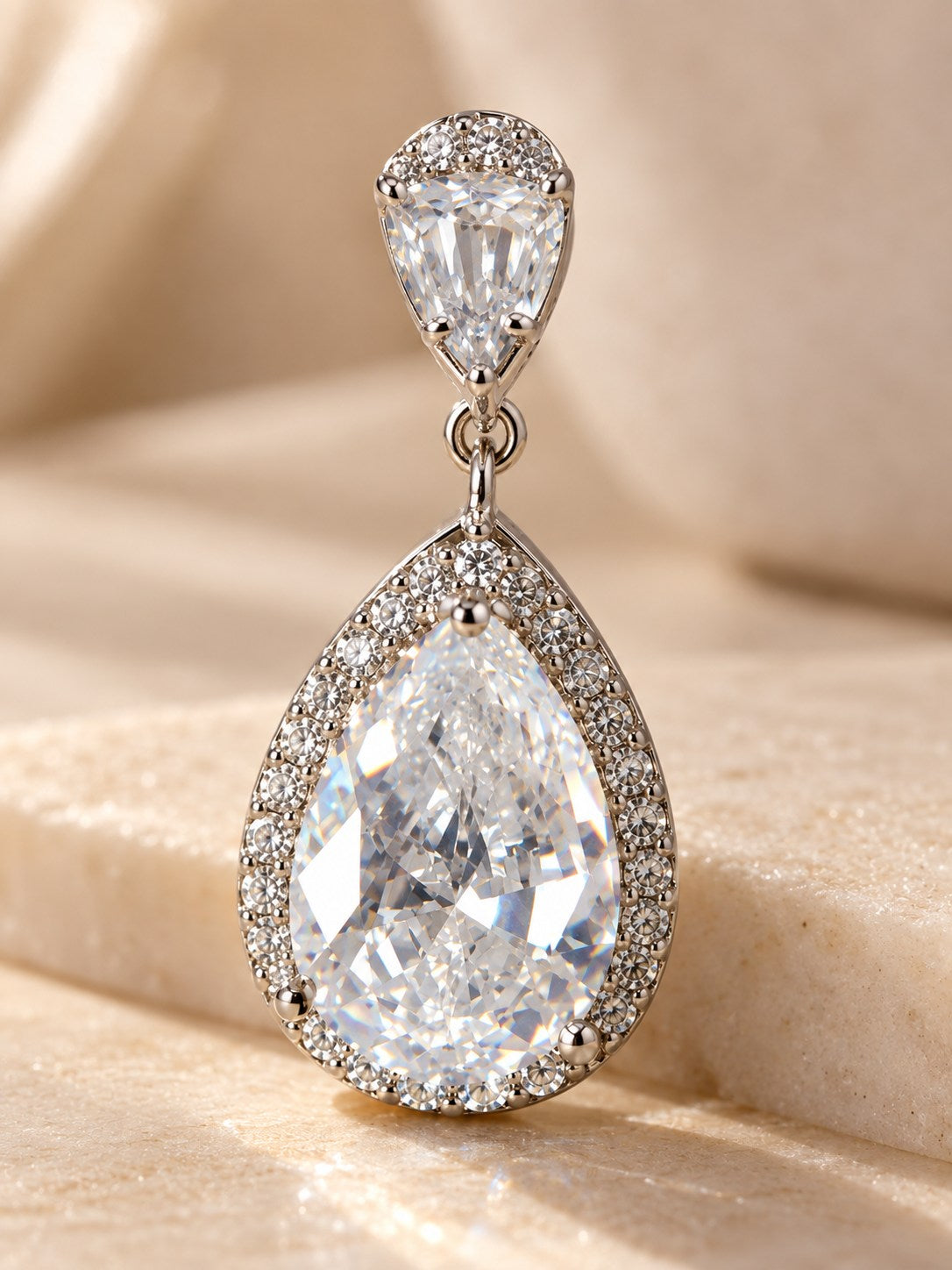 Silver Crystal Teardrop Halo Drop Earrings