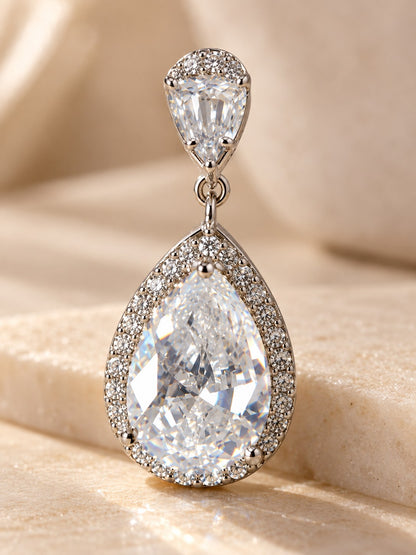 Silver Crystal Teardrop Halo Drop Earrings
