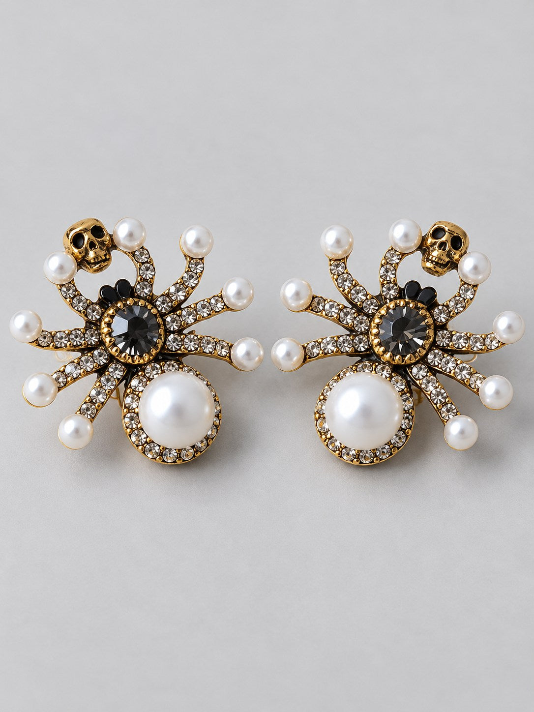 Vintage Crystal Spider Pearl Stud Earrings