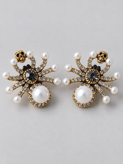 Vintage Crystal Spider Pearl Stud Earrings