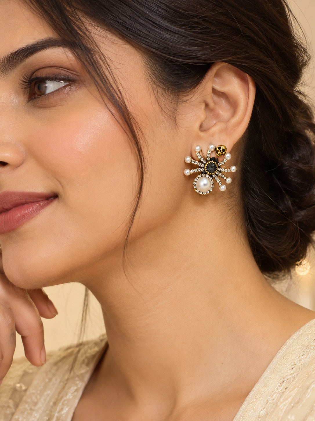 Vintage Crystal Spider Pearl Stud Earrings
