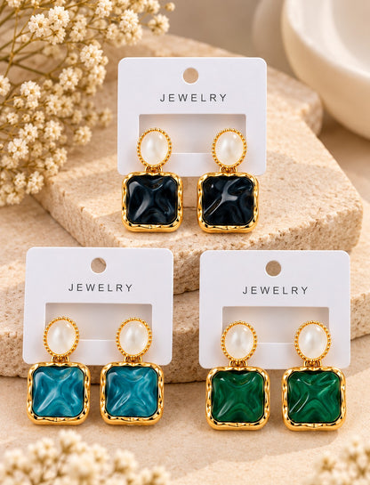 3-Pair Square Resin & Pearl Drop Earring Set (Black, Teal, Green)