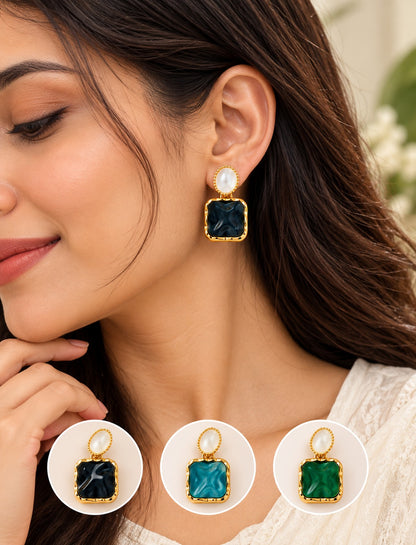 3-Pair Square Resin & Pearl Drop Earring Set (Black, Teal, Green)