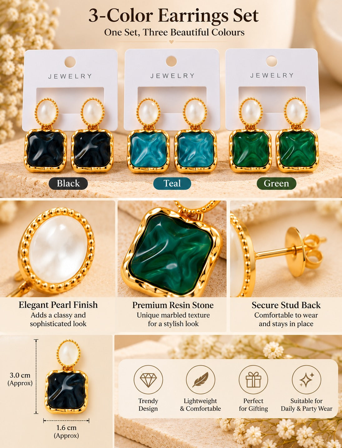 3-Pair Square Resin & Pearl Drop Earring Set (Black, Teal, Green)