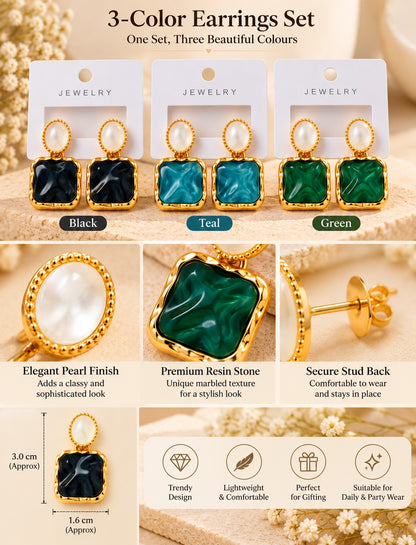 3-Pair Square Resin & Pearl Drop Earring Set (Black, Teal, Green)