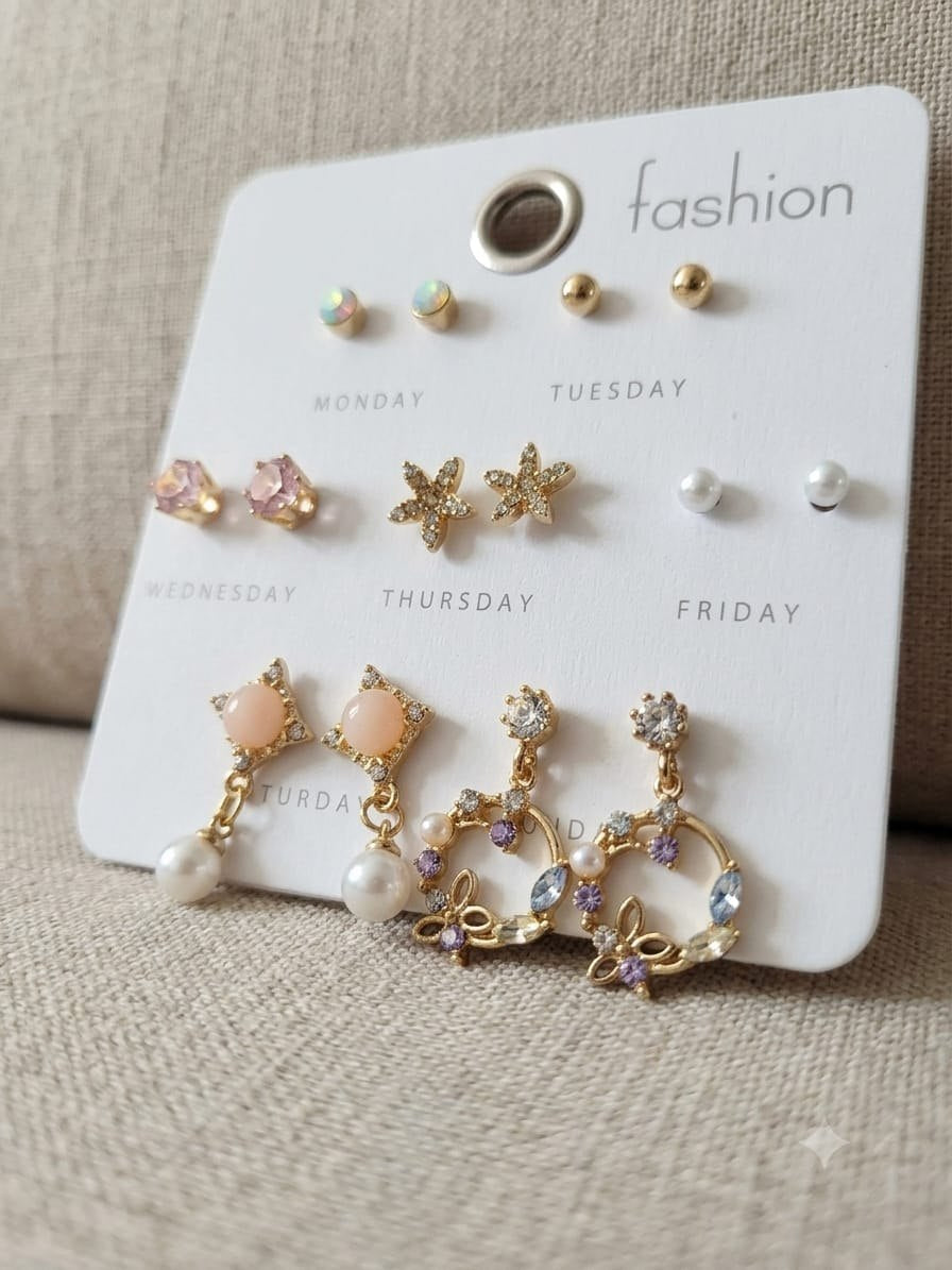 Weekday Earring Set - Opal, Pink Crystal & Star Studs with Pearl Drop Earrings