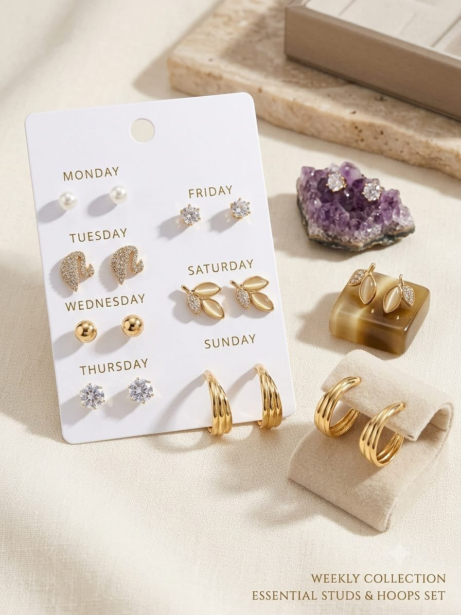 Weekly Collection 7 Pairs Studs & Hoops Earring Set - Pearl, Leaf & Crystal