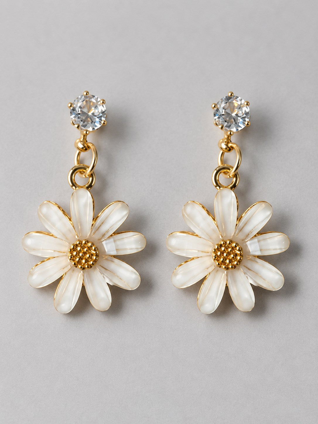 White Daisy Flower Drop Earrings with Crystal Stud
